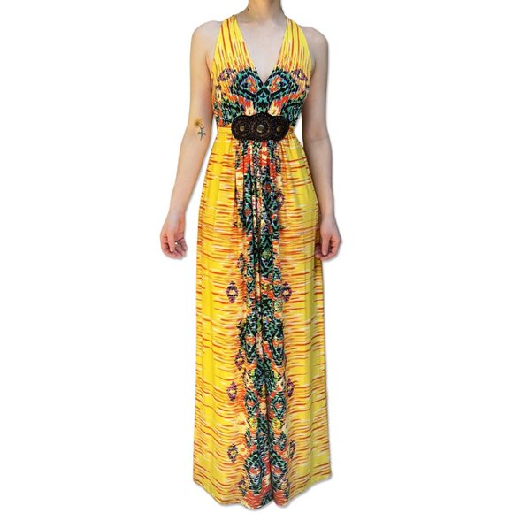 ECI New York Maxi Dress Yellow Multicolor Aztec Print Sleeveless Halter Size 8 - Picture 1 of 5